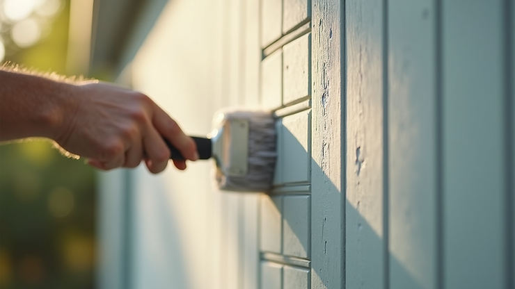 Close-up view of a painter applying primer on a wooden exterior wall